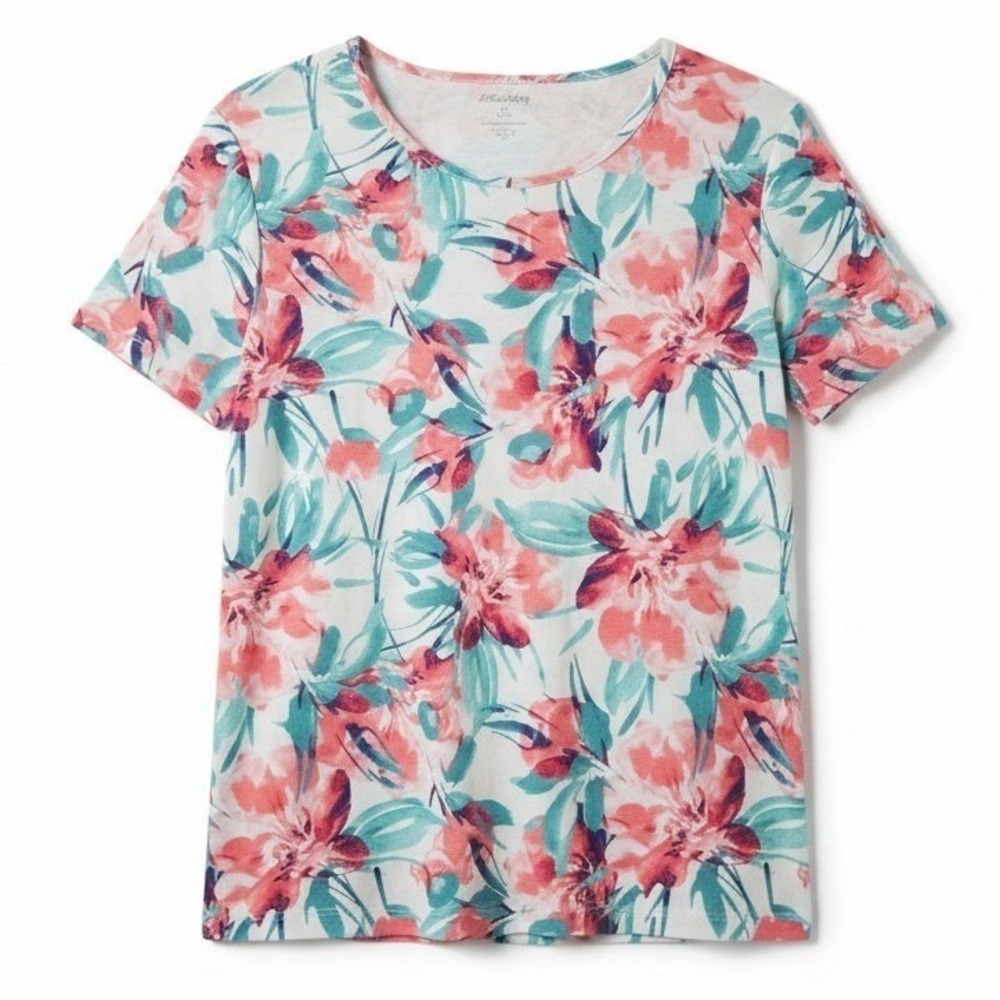 White Stag Womens Floral Print Short Sleeve Cotton T-Shirt L 12-14 Pink Teal